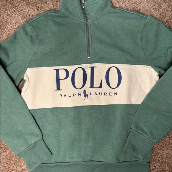 Polo by Ralph Lauren Green Half-Zip Sweater with Cream Panel and Navy Logo - Picture 2 of 7